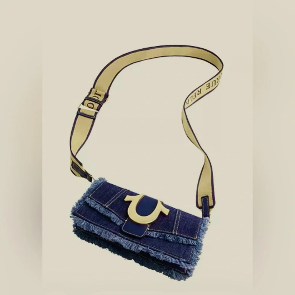 True Religion Convertible Fray Denim Crossbody Bag Insignia Strap Blue 5x10” NEW